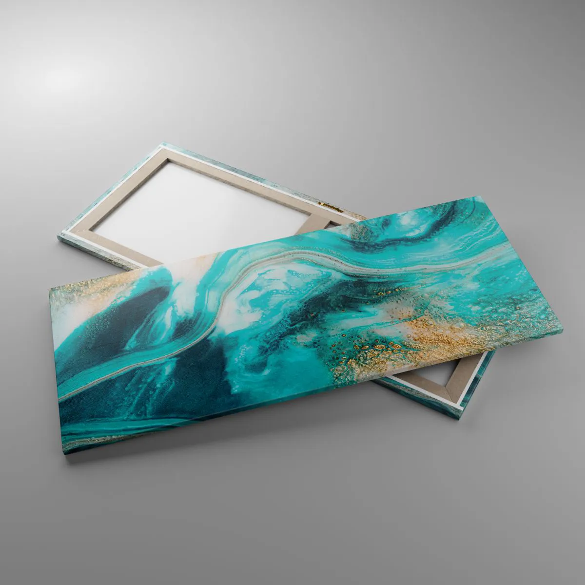 Impression sur toile - Image sur toile - Abstraction turquoise avec des accents blancs et dorés - 120x50cm - Rivière d'or - Décoration murale moderne pour le salon et la chambre ARTTOR