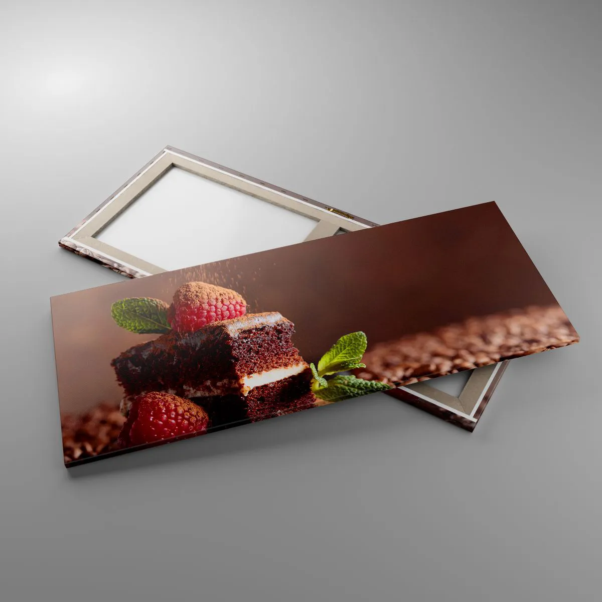 Obraz na płótnie - Czekoladowe ciasto z malinami i miętą na tle ziaren kakao - 120x50cm - Życie jest słodkie - Nowoczesna dekoracja ścienna do salonu i sypialni ARTTOR
