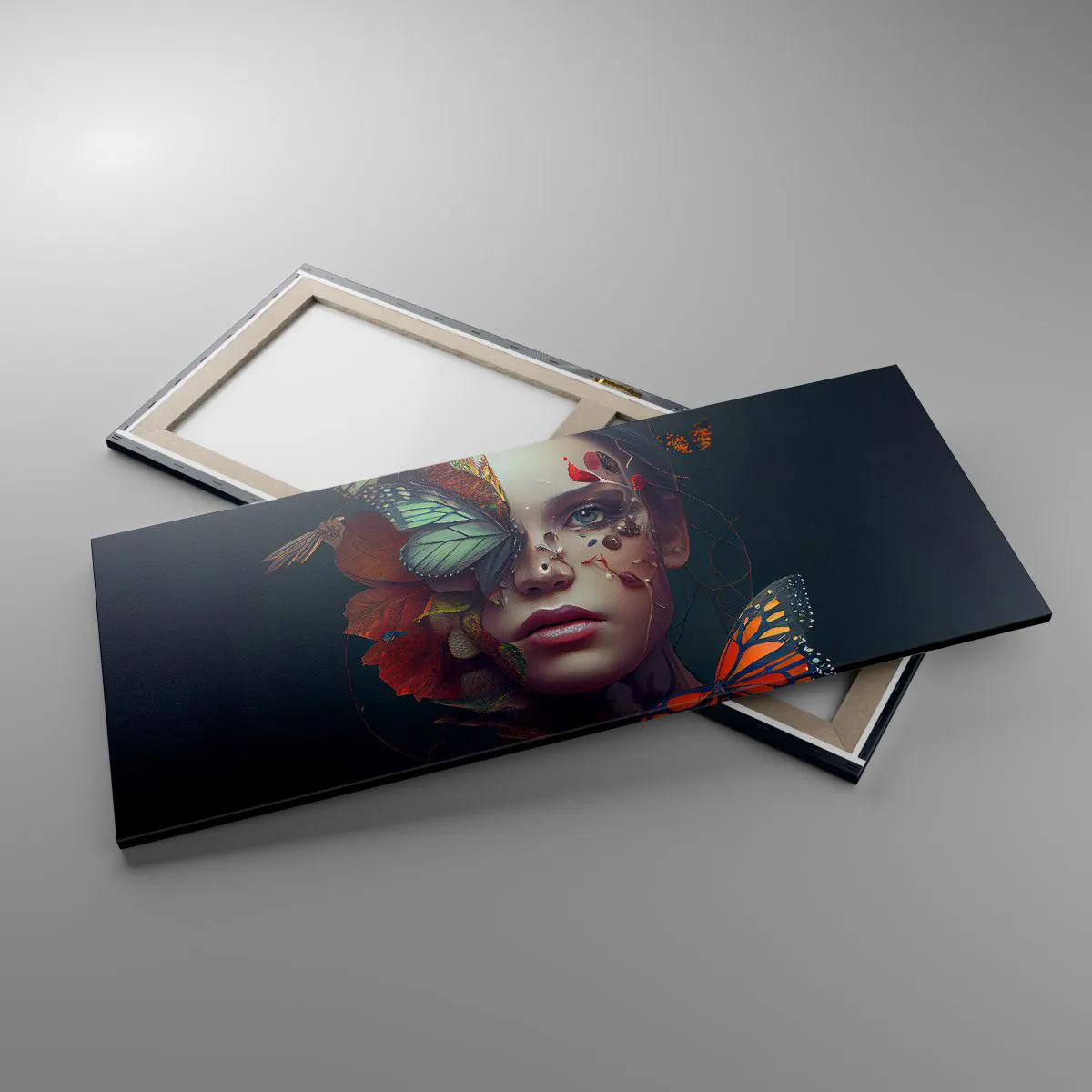 Impression sur toile - Image sur toile - Portrait d'une femme avec des papillons et des éléments végétaux - 120x50cm - Une merveilleuse métamorphose - Décoration murale moderne pour le salon et la chambre ARTTOR