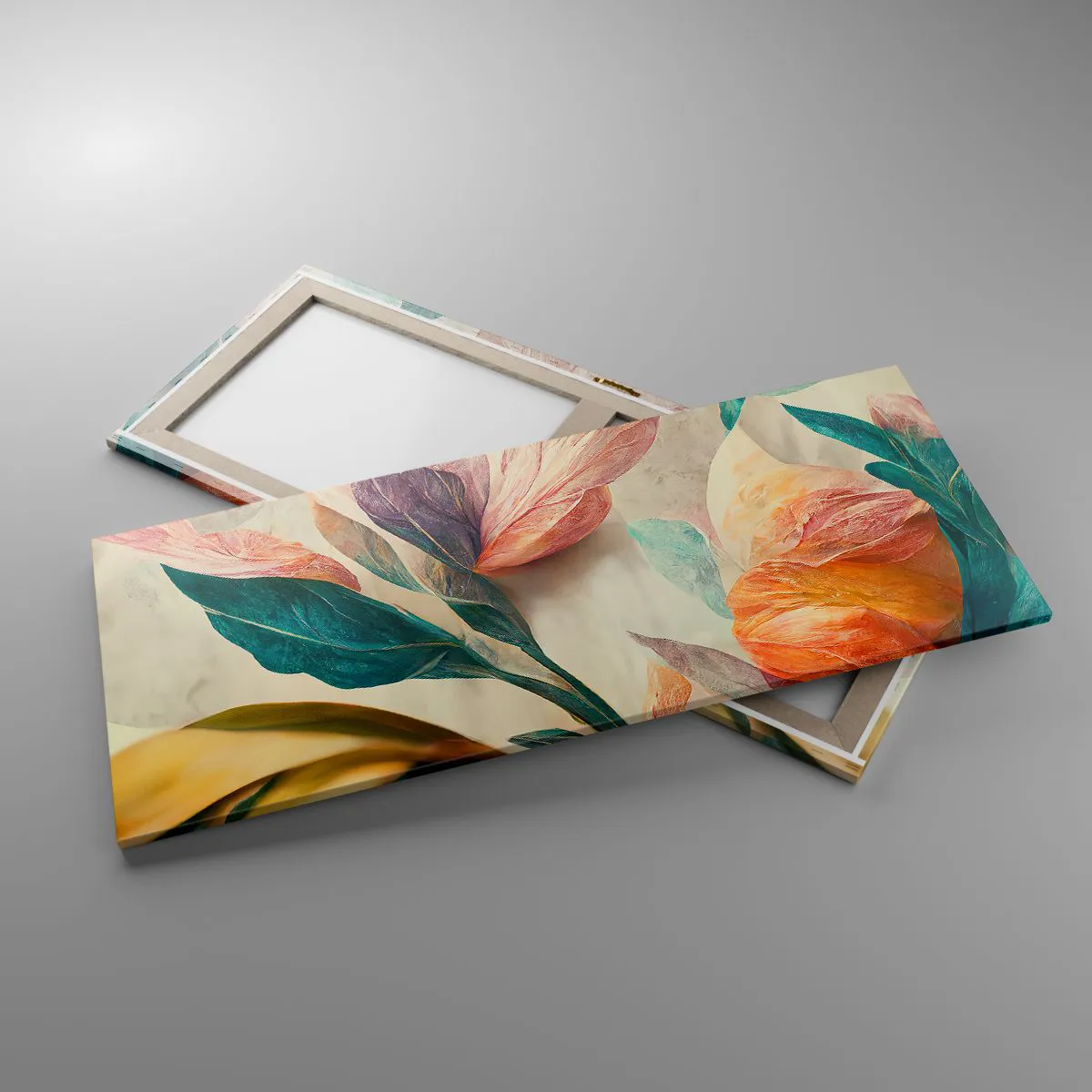 Bild auf Leinwand - Leinwandbild - Bunte Blumen im tropischen Stil auf hellem Hintergrund - 120x50cm - Blumen der südlichen Inseln - Moderne Wanddekoration für Wohnzimmer und Schlafzimmer ARTTOR