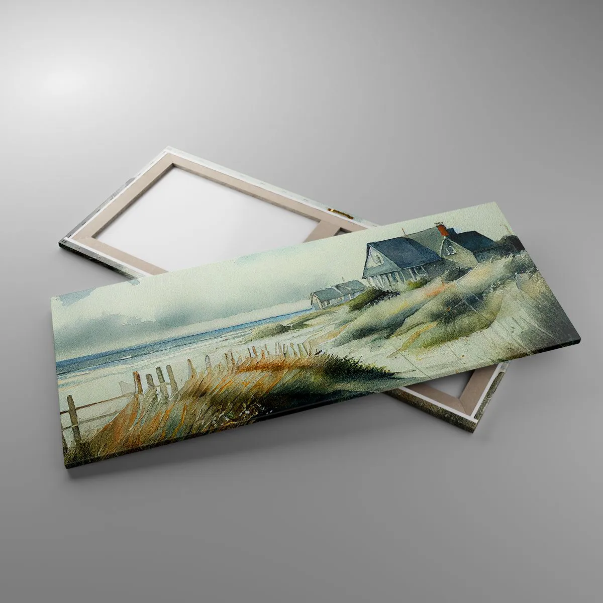 Obraz na płótnie - Dom nadmorski otoczony trawami i widokiem na morze - 120x50cm - Z dala od zgiełku - Nowoczesna dekoracja ścienna do salonu i sypialni ARTTOR