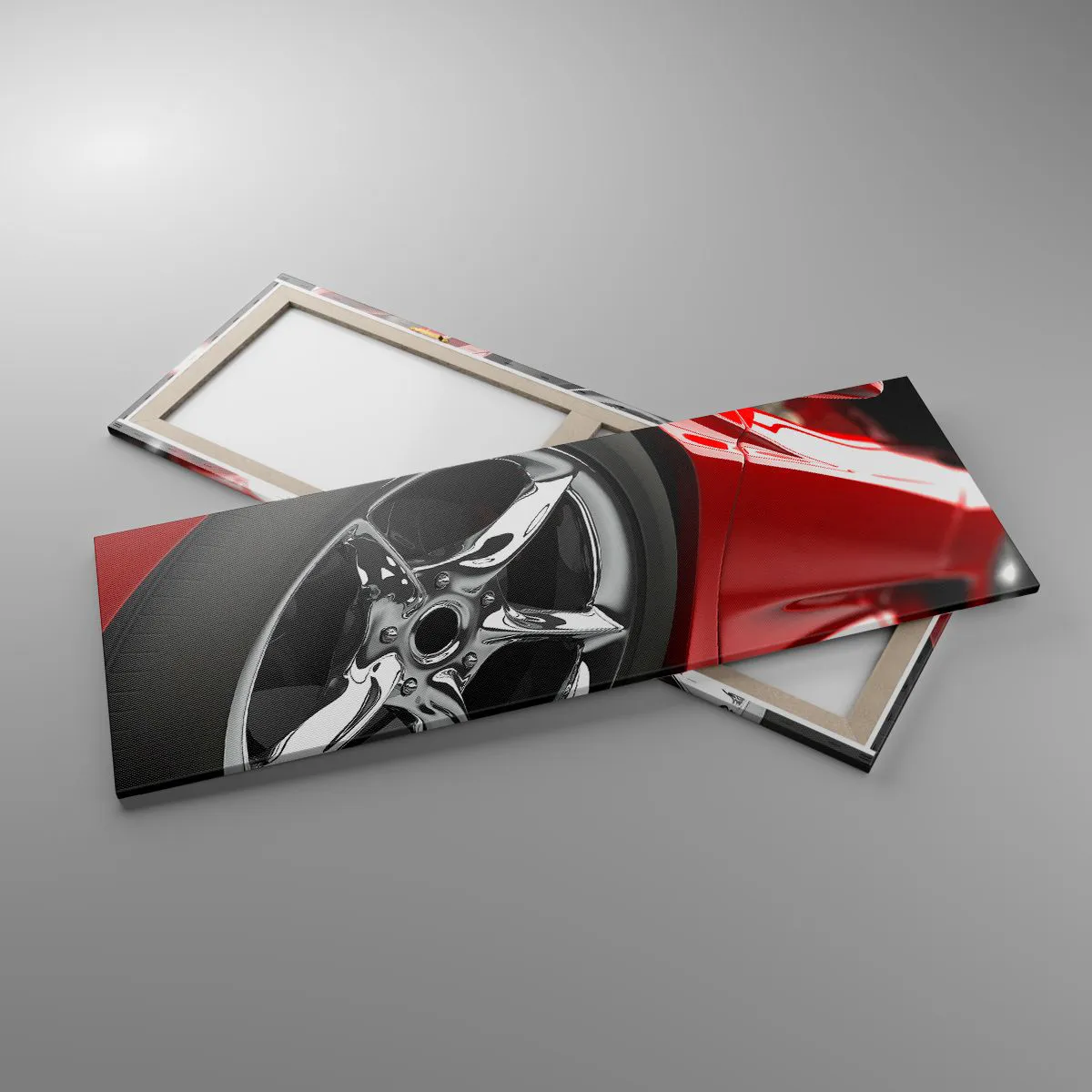 Cuadro sobre lienzo - Impresión de Imagen - Coche deportivo rojo con ruedas cromadas - 140x50cm - Creado para la velocidad - Decoración de pared moderna para salón y dormitorio ARTTOR