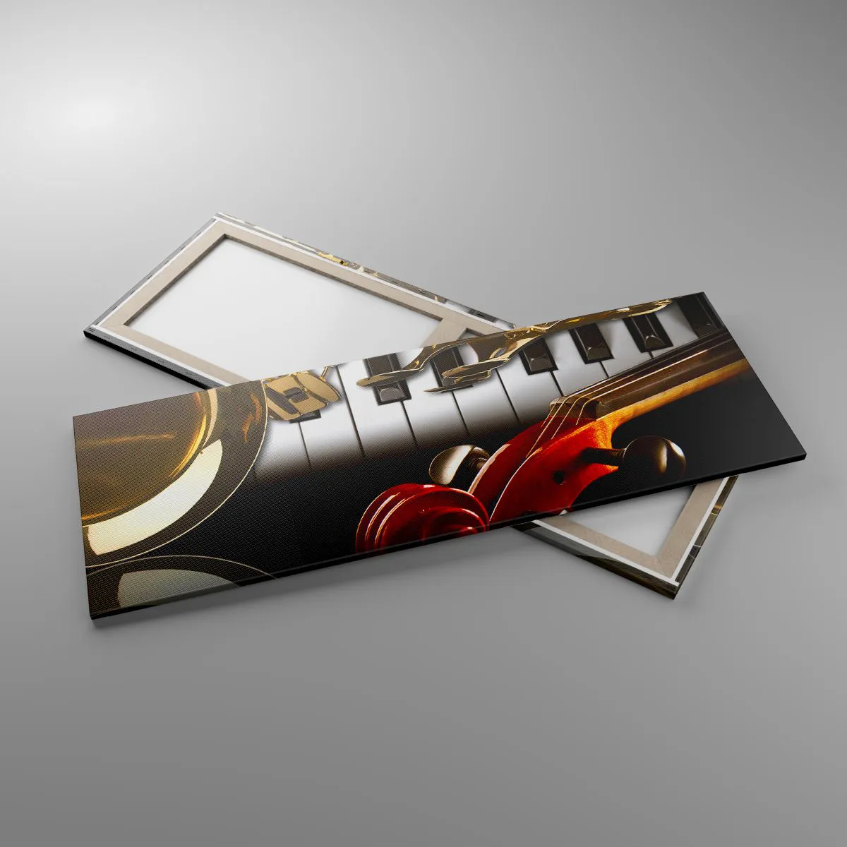 Impression sur toile - Image sur toile - Un saxophone doré, des touches de piano et un violon rouge - 140x50cm - Tôle, bois et ivoire - Décoration murale moderne pour le salon et la chambre ARTTOR