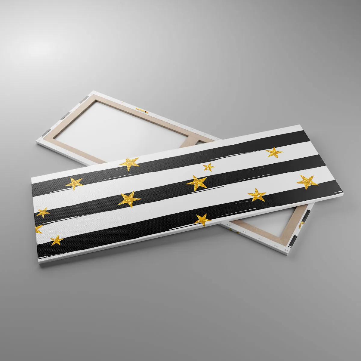 Impression sur toile - Image sur toile - Rayures noires et blanches avec étoiles dorées - 140x50cm - Nous sommes tous nés sous une bonne étoile - Décoration murale moderne pour le salon et la chambre ARTTOR