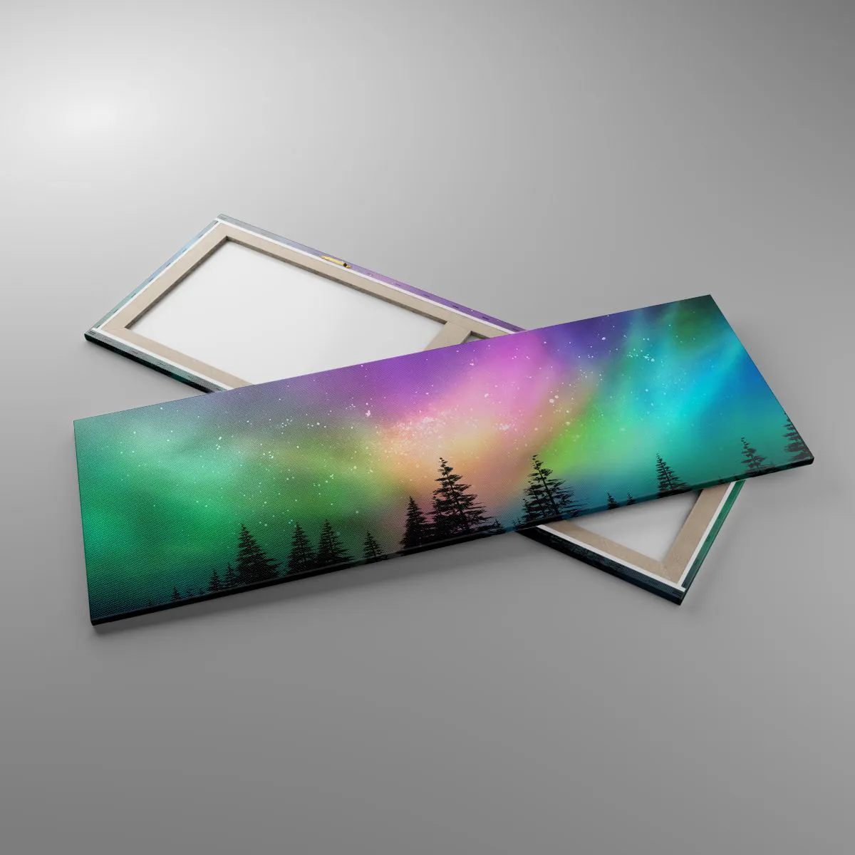 Quadro su tela - Stampe su Tela - Aurora boreale su una foresta con cielo stellato - 140x50cm - Magia bianca - Decorazione murale moderna per soggiorno e camera da letto ARTTOR
