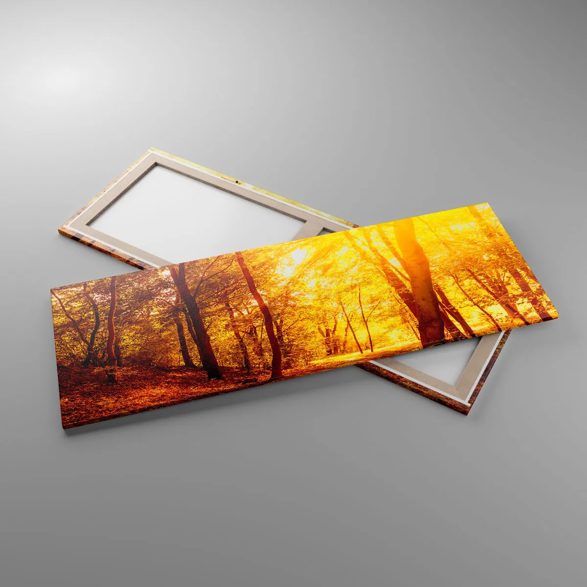 Cuadro sobre lienzo - Impresión de Imagen - Claro de otoño bajo la luz dorada del sol con un sendero forestal - 140x50cm - Hacia un claro de oro - Decoración de pared moderna para salón y dormitorio ARTTOR
