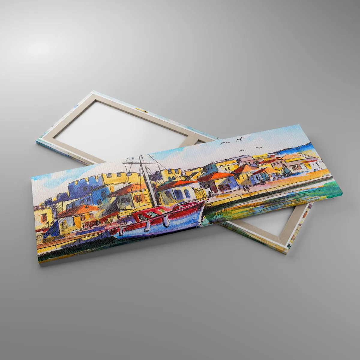 Impression sur toile - Image sur toile - Un port pittoresque avec un bateau et des bâtiments colorés - 140x50cm - Après-midi arc-en-ciel - Décoration murale moderne pour le salon et la chambre ARTTOR