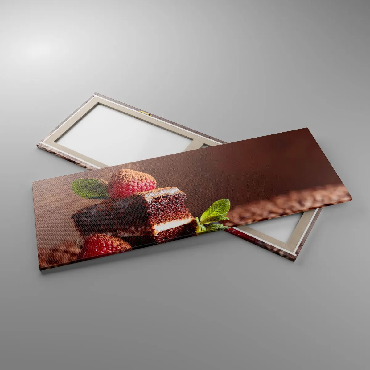 Impression sur toile - Image sur toile - Gâteau au chocolat aux framboises et à la menthe sur fond de fèves de cacao - 140x50cm - La vie est douce - Décoration murale moderne pour le salon et la chambre ARTTOR