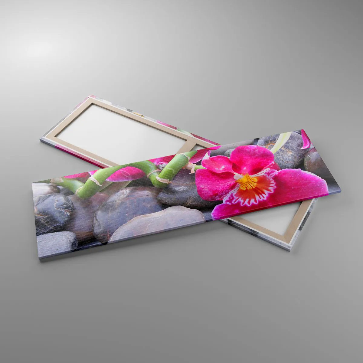 Obraz na płótnie - Różowe orchidee na tle gładkich kamieni - 160x50cm - Chłód i żar - Nowoczesna dekoracja ścienna do salonu i sypialni ARTTOR