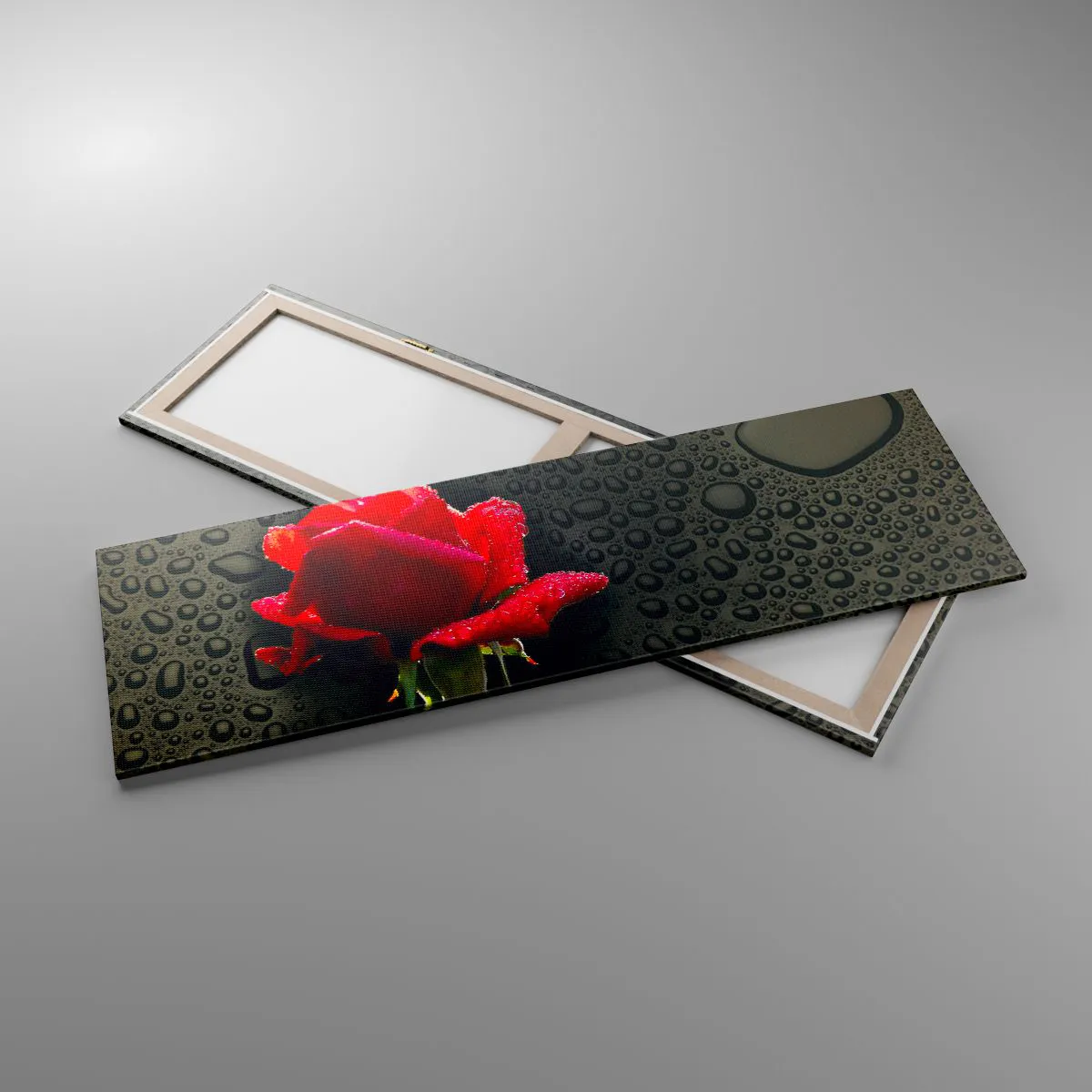 Impression sur toile - Image sur toile - Rose rouge avec des gouttes d'eau sur un fond sombre - 160x50cm - Rouge et noir - Décoration murale moderne pour le salon et la chambre ARTTOR