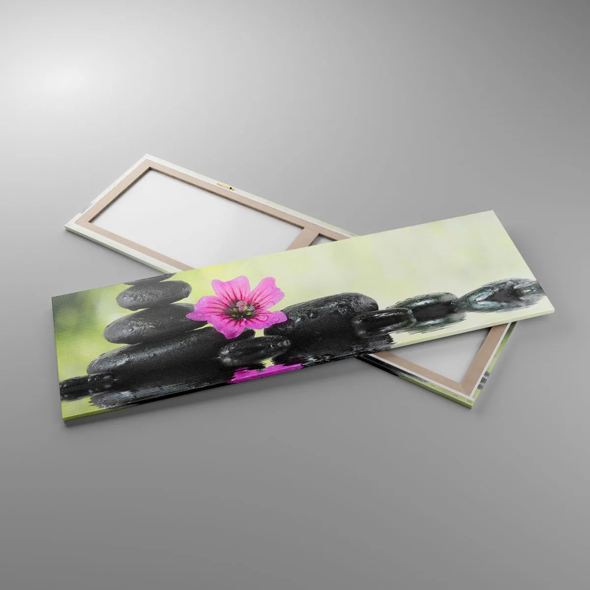 Cuadro sobre lienzo - Impresión de Imagen - Piedras zen y una flor rosa reflejada en el agua. - 160x50cm - Tiempo para el alma - Decoración de pared moderna para salón y dormitorio ARTTOR