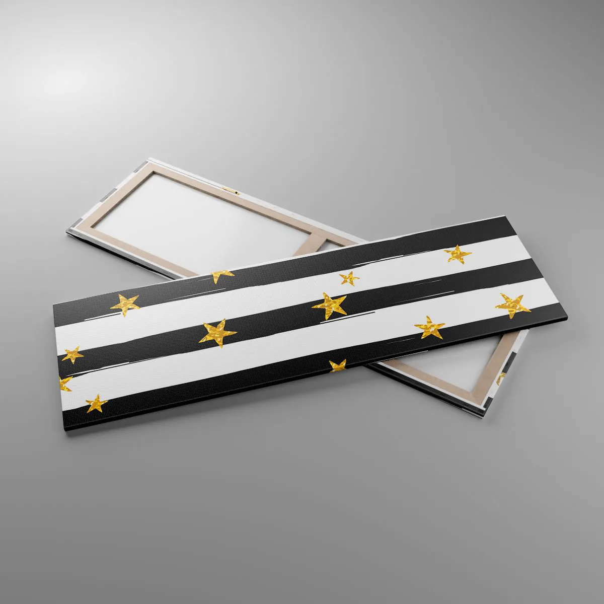 Bild auf Leinwand - Leinwandbild - Schwarz-weiße Streifen mit goldenen Sternen - 160x50cm - Wir wurden alle unter einem glücklichen Stern geboren - Moderne Wanddekoration für Wohnzimmer und Schlafzimmer ARTTOR