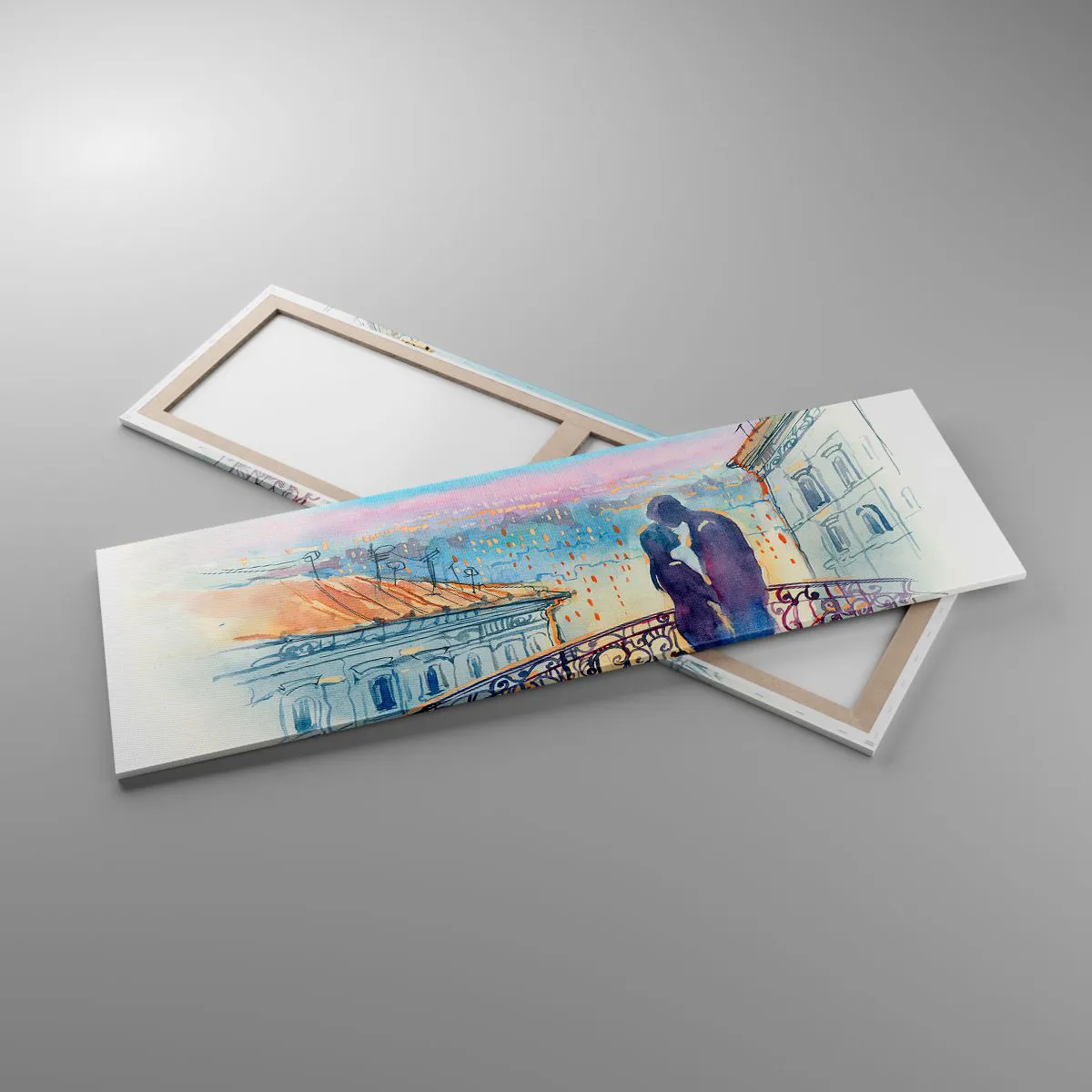Cuadro sobre lienzo - Impresión de Imagen - Pareja romántica en un balcón con vistas a la ciudad. - 160x50cm - Los amantes de París - Decoración de pared moderna para salón y dormitorio ARTTOR