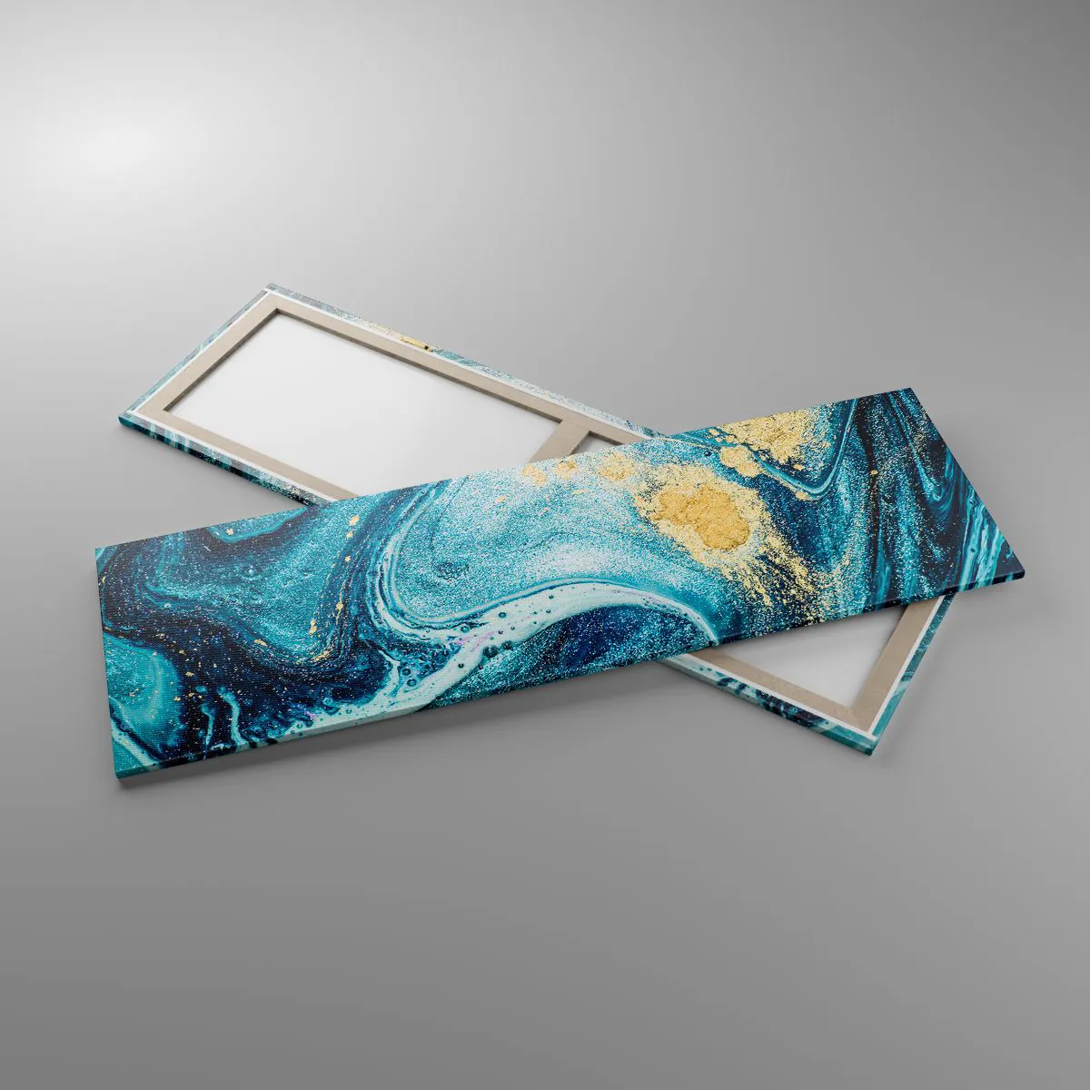 Bild auf Leinwand - Leinwandbild - Eine abstrakte Komposition aus Wellen und goldenen Akzenten - 160x50cm - Blauer Wirbel - Moderne Wanddekoration für Wohnzimmer und Schlafzimmer ARTTOR