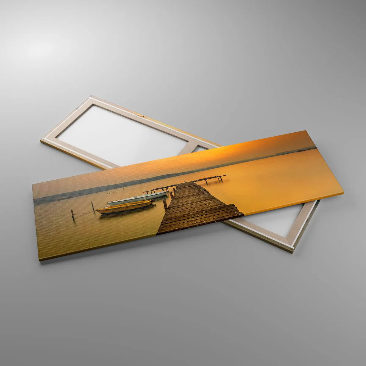 Quadro su tela - Stampe su Tela - Pontile in legno e barche sul lago al tramonto - 160x50cm - Ti apro il cielo dorato - Decorazione murale moderna per soggiorno e camera da letto ARTTOR