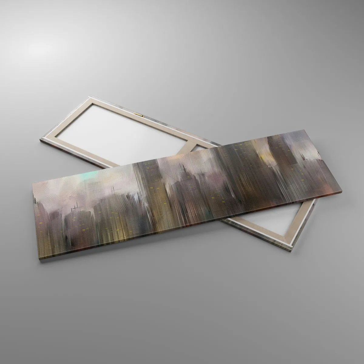 Bild auf Leinwand - Leinwandbild - Eine künstlerische Vision einer Stadtlandschaft mit Wolkenkratzern in Pastellfarben. - 160x50cm - Eine Komposition aus Stahl, Stein und Nebel - Moderne Wanddekoration für Wohnzimmer und Schlafzimmer ARTTOR