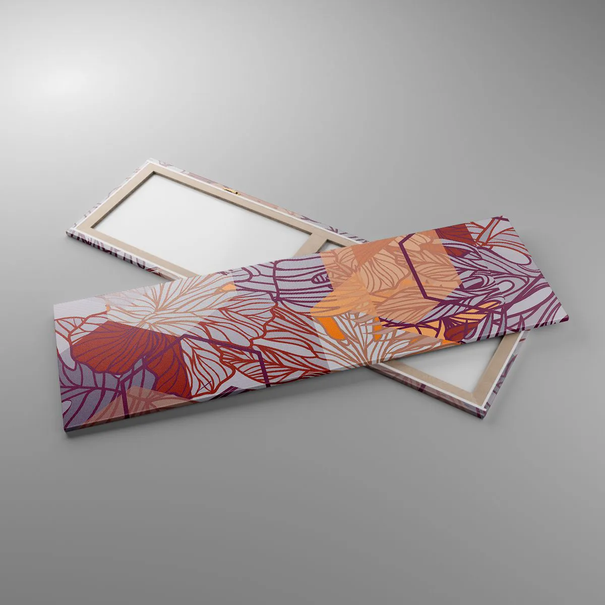 Quadro su tela - Stampe su Tela - Un motivo decorativo a foglie tropicali nelle tonalità del viola, dell'arancione e del beige. - 160x50cm - Legame impossibile di geometria e natura - Decorazione murale moderna per soggiorno e camera da letto ARTTOR