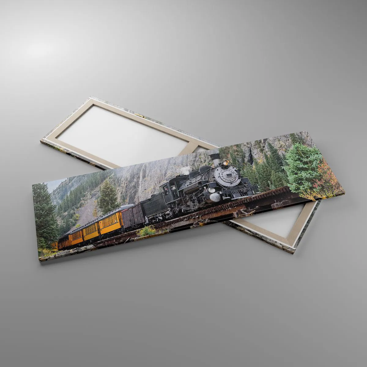 Obraz na płótnie - Parowóz na moście w malowniczym górskim krajobrazie - 160x50cm - A dokąd to? Dokąd? - Nowoczesna dekoracja ścienna do salonu i sypialni ARTTOR