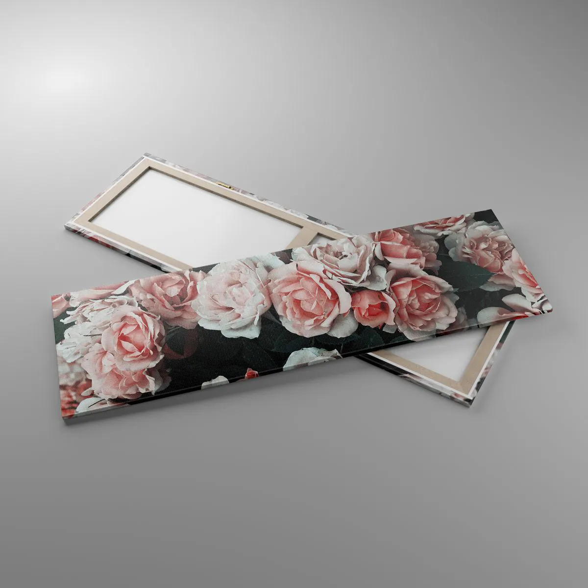 Quadro su tela - Stampe su Tela - Rose rosa su sfondo scuro in una composizione delicata - 160x50cm - Composizione di rose - Decorazione murale moderna per soggiorno e camera da letto ARTTOR