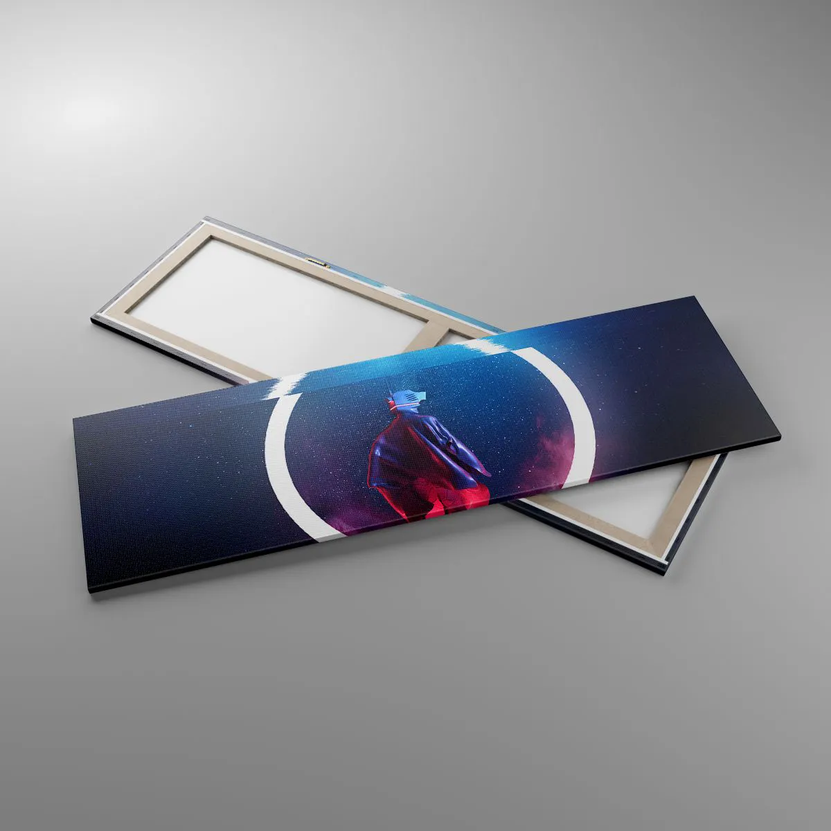 Impression sur toile - Image sur toile - Un personnage dans un environnement futuriste avec un cercle de néon - 160x50cm - Entre deux mondes - Décoration murale moderne pour le salon et la chambre ARTTOR