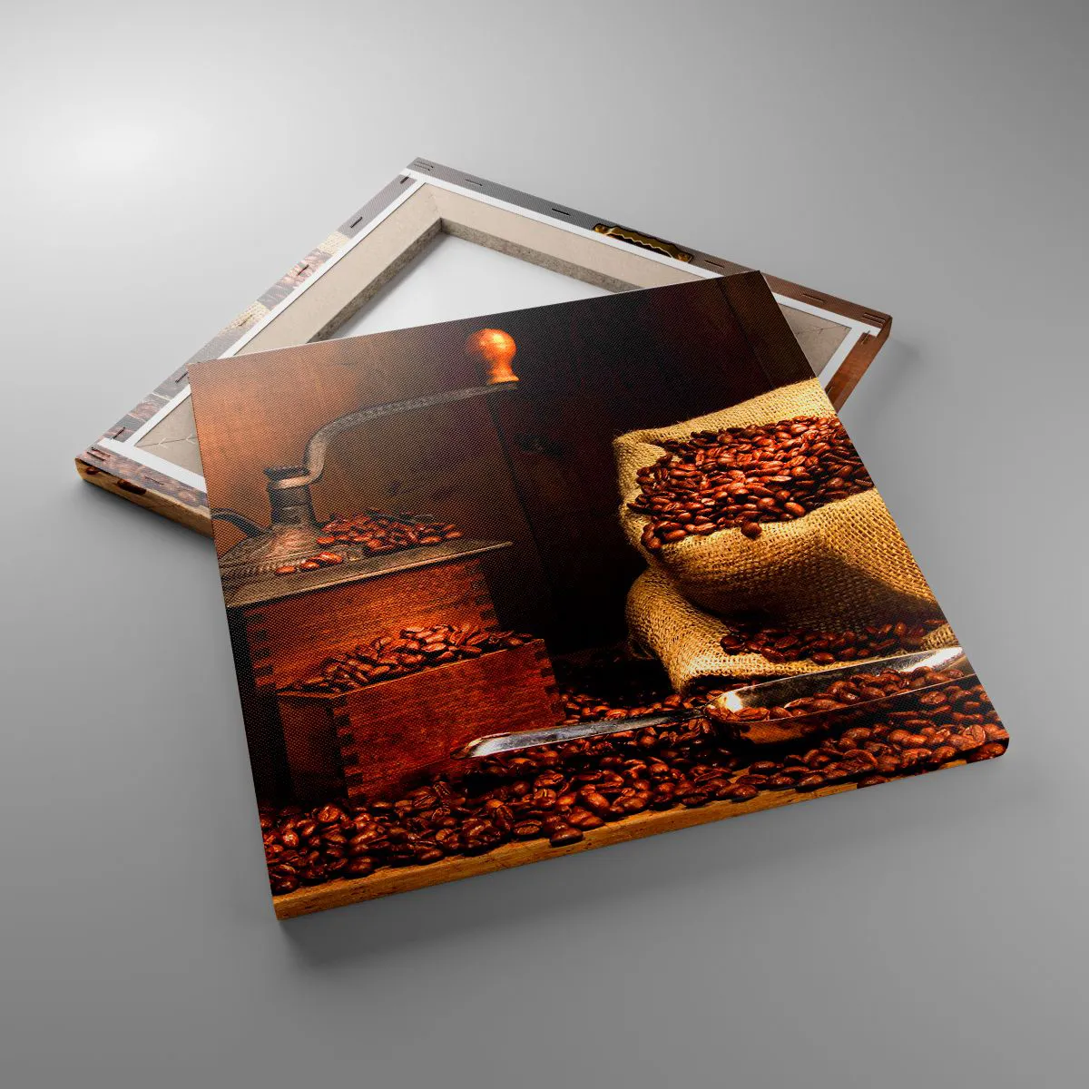 Quadro em tela - Natureza morta com grãos de café e moedor - 40x40 cm