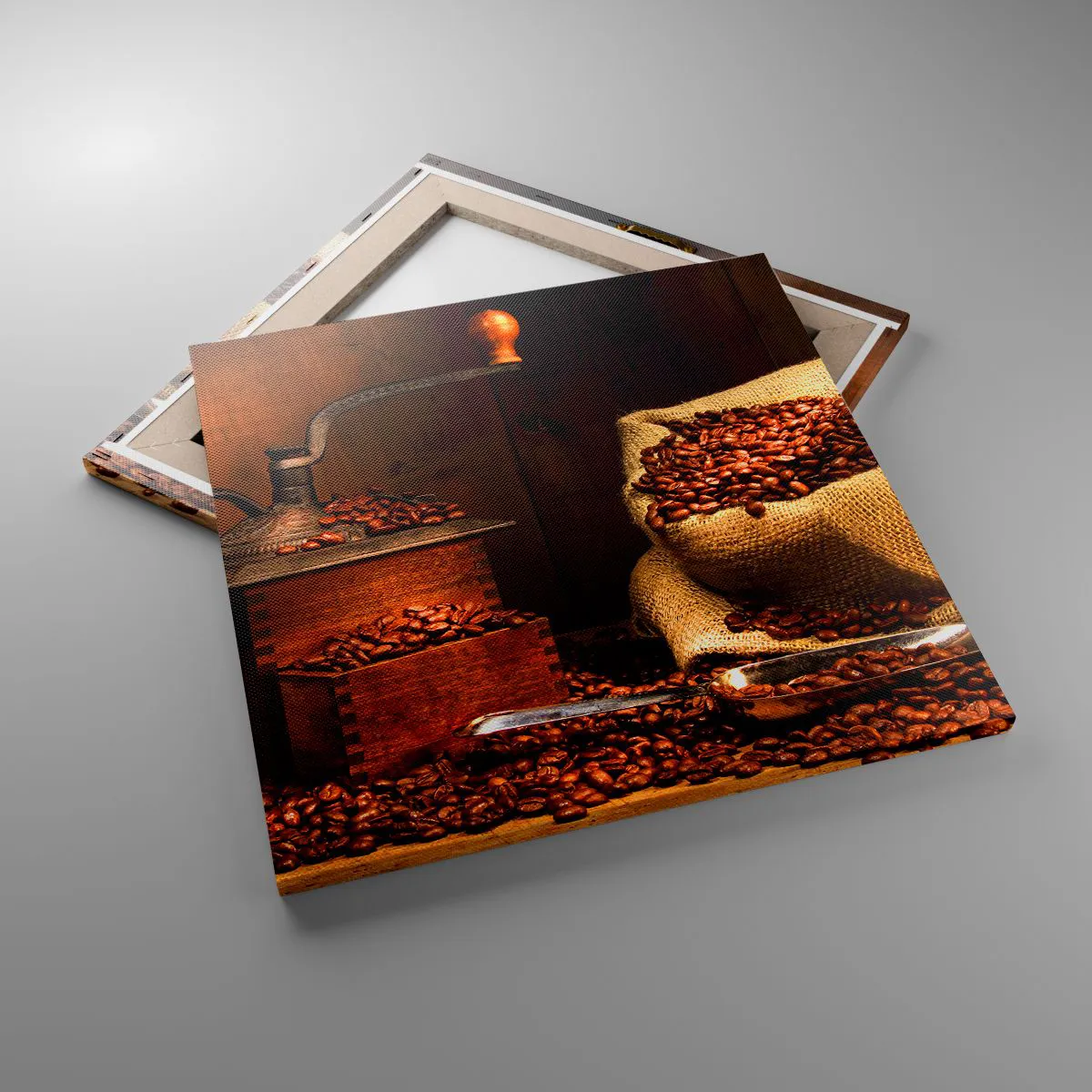 Quadro em tela - Natureza morta com grãos de café e moedor - 50x50 cm