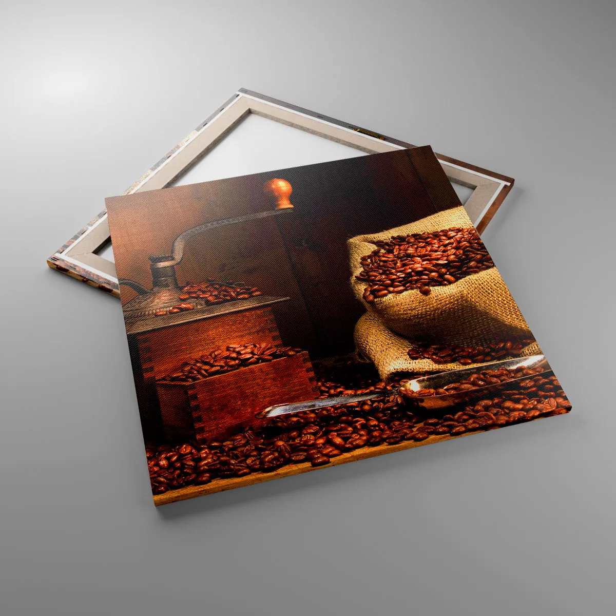 Quadro em tela - Natureza morta com grãos de café e moedor - 70x70 cm