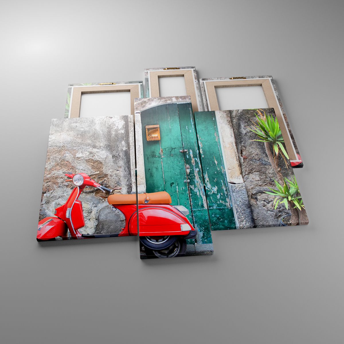 Leinwandbild Automobil, Leinwandbild Roller, Leinwandbild Italien, Leinwandbild Rotes Motorrad, Leinwandbild Geheimnisvolle Tür