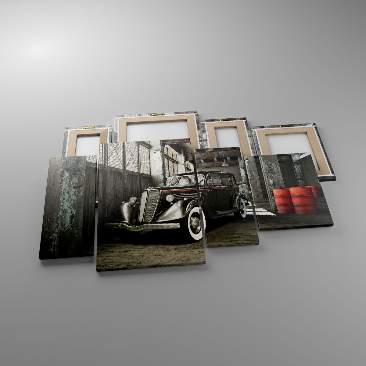 Leinwandbild Automobil, Leinwandbild Retro-Auto, Leinwandbild Fabriklager, Leinwandbild Fass Mit Benzin, Leinwandbild Schwarz Und Weiß