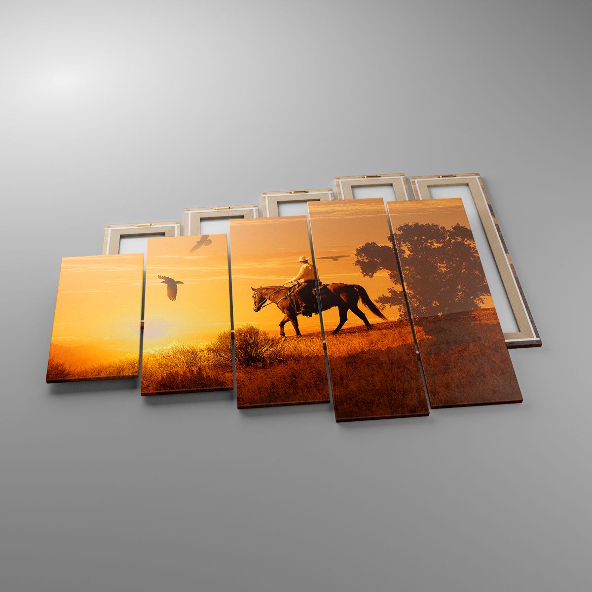 Obrazy Koń, Obrazy Kowboj, Obrazy Krajobraz, Obrazy Ptaki, Obrazy Zachód Słońca