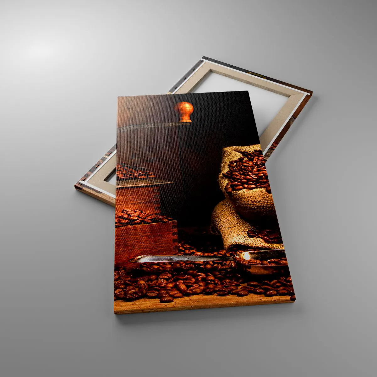 Quadro em tela - Natureza morta com grãos de café e moedor - 45x80 cm