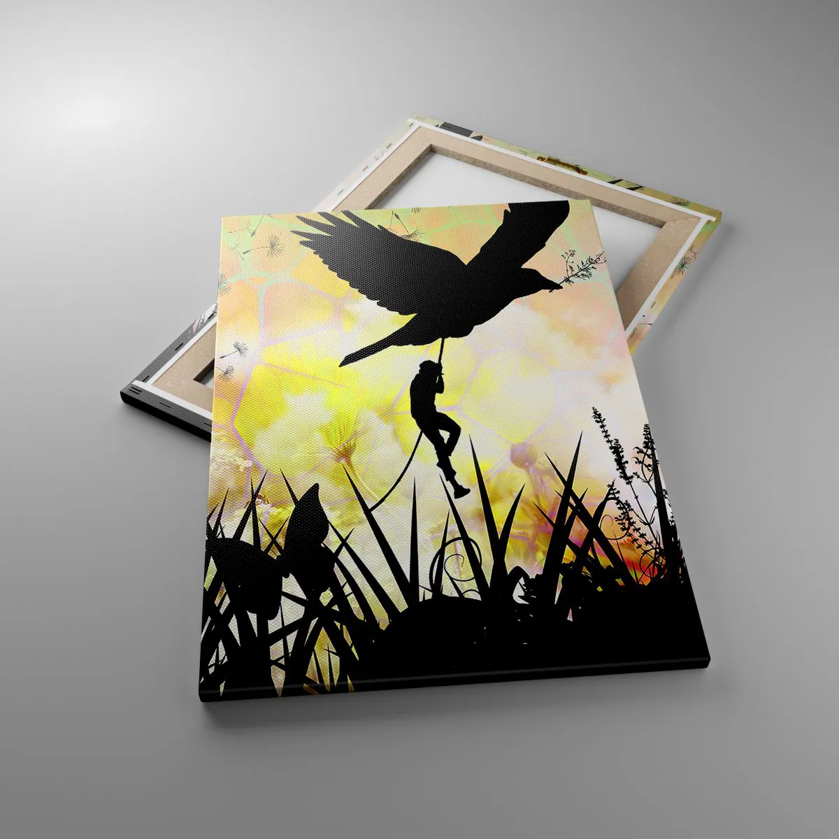 Cuadro sobre lienzo - Impresión de Imagen - Silueta de naturaleza con un pájaro y un diente de león. - 50x70cm - En un ambiente de cuento de hadas - Decoración de pared moderna para salón y dormitorio ARTTOR