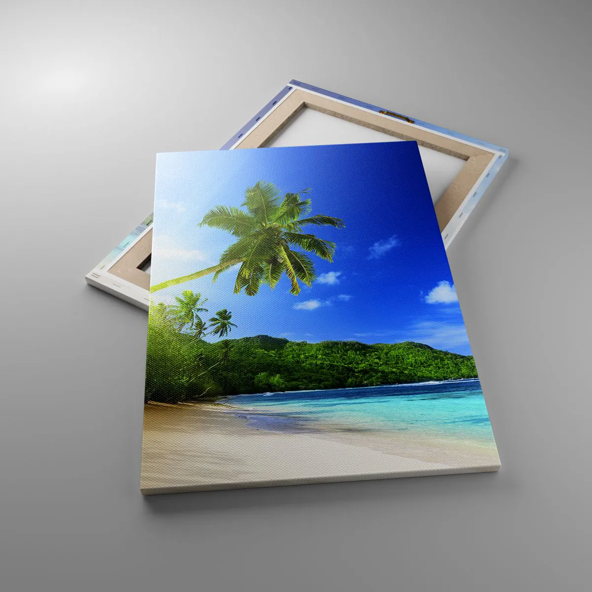 Cuadro sobre lienzo - Impresión de Imagen - Playa tropical con palmeras y mar turquesa. - 50x70cm - Un suave toque tropical - Decoración de pared moderna para salón y dormitorio ARTTOR