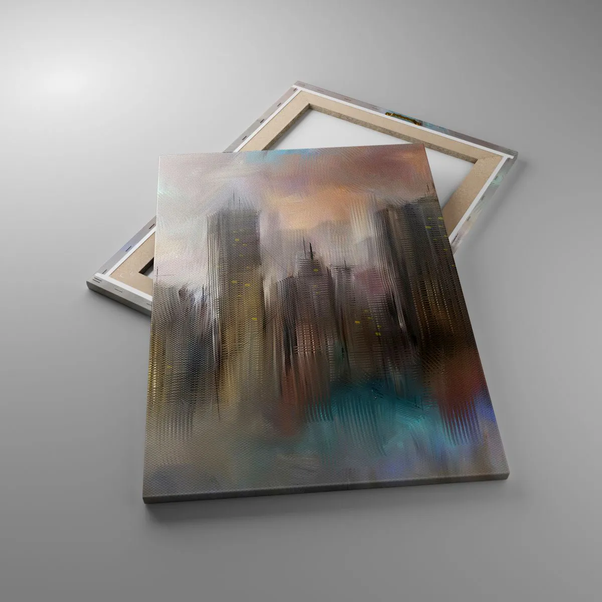 Cuadro sobre lienzo - Impresión de Imagen - Una visión artística de un paisaje urbano con rascacielos en colores pastel. - 50x70cm - Una composición de acero, piedra y niebla - Decoración de pared moderna para salón y dormitorio ARTTOR