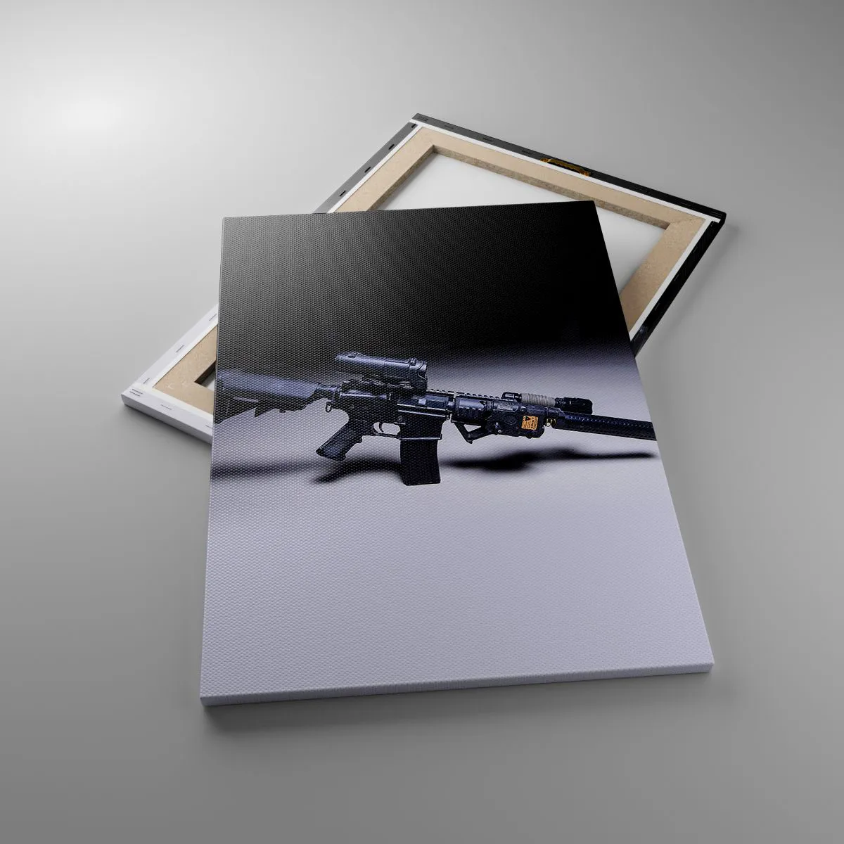 Cuadro sobre lienzo - Impresión de Imagen - Un rifle moderno en negro sobre un fondo oscuro. - 50x70cm - Un caballero oscuro - Decoración de pared moderna para salón y dormitorio ARTTOR