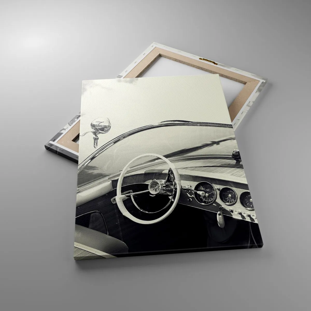 Bild auf Leinwand - Leinwandbild - Oldtimer-Innenraum im monochromen Stil - 50x70cm - Wetter für die Reichen - Moderne Wanddekoration für Wohnzimmer und Schlafzimmer ARTTOR