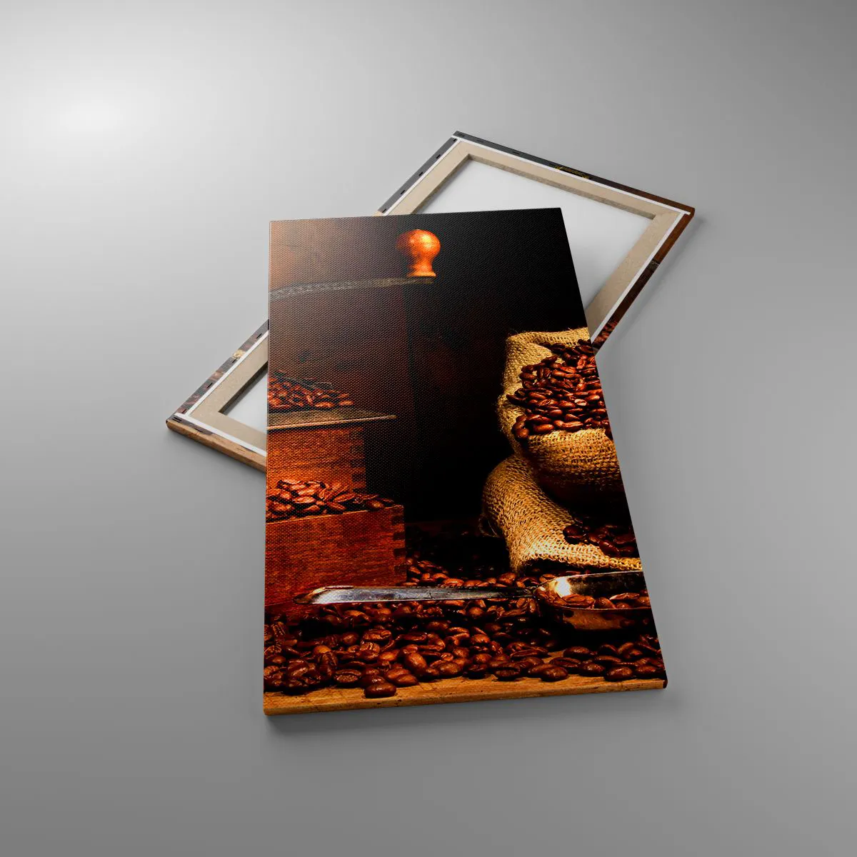 Quadro em tela - Natureza morta com grãos de café e moedor - 55x100 cm