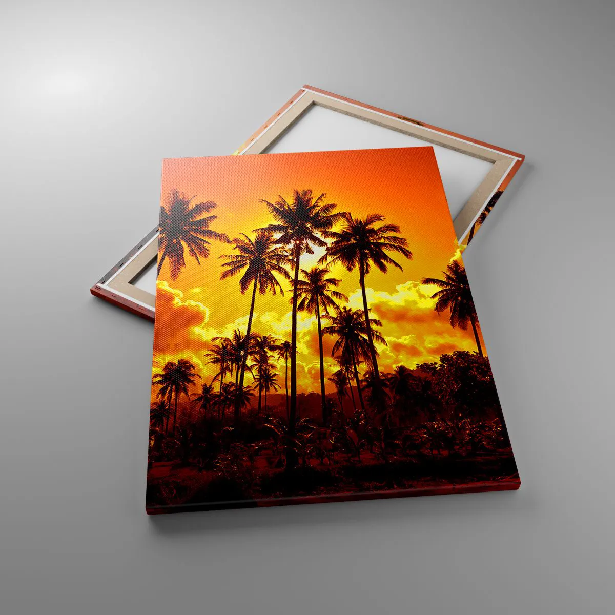 Cuadro sobre lienzo - Impresión de Imagen - Palmeras contra un cielo dorado durante una puesta de sol tropical - 70x100cm - Las montañas arden, los bosques arden - Decoración de pared moderna para salón y dormitorio ARTTOR