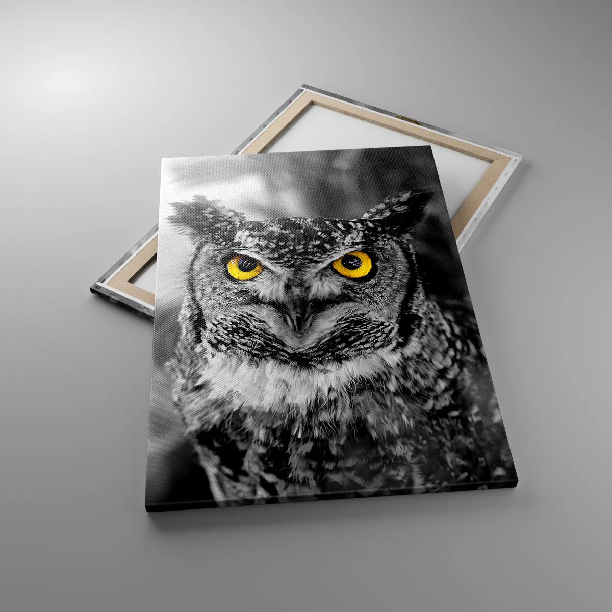 Quadro su tela - Stampe su Tela - Uno scatto in bianco e nero di un gufo con gli occhi gialli - 70x100cm - Non si può nascondere niente - Decorazione murale moderna per soggiorno e camera da letto ARTTOR