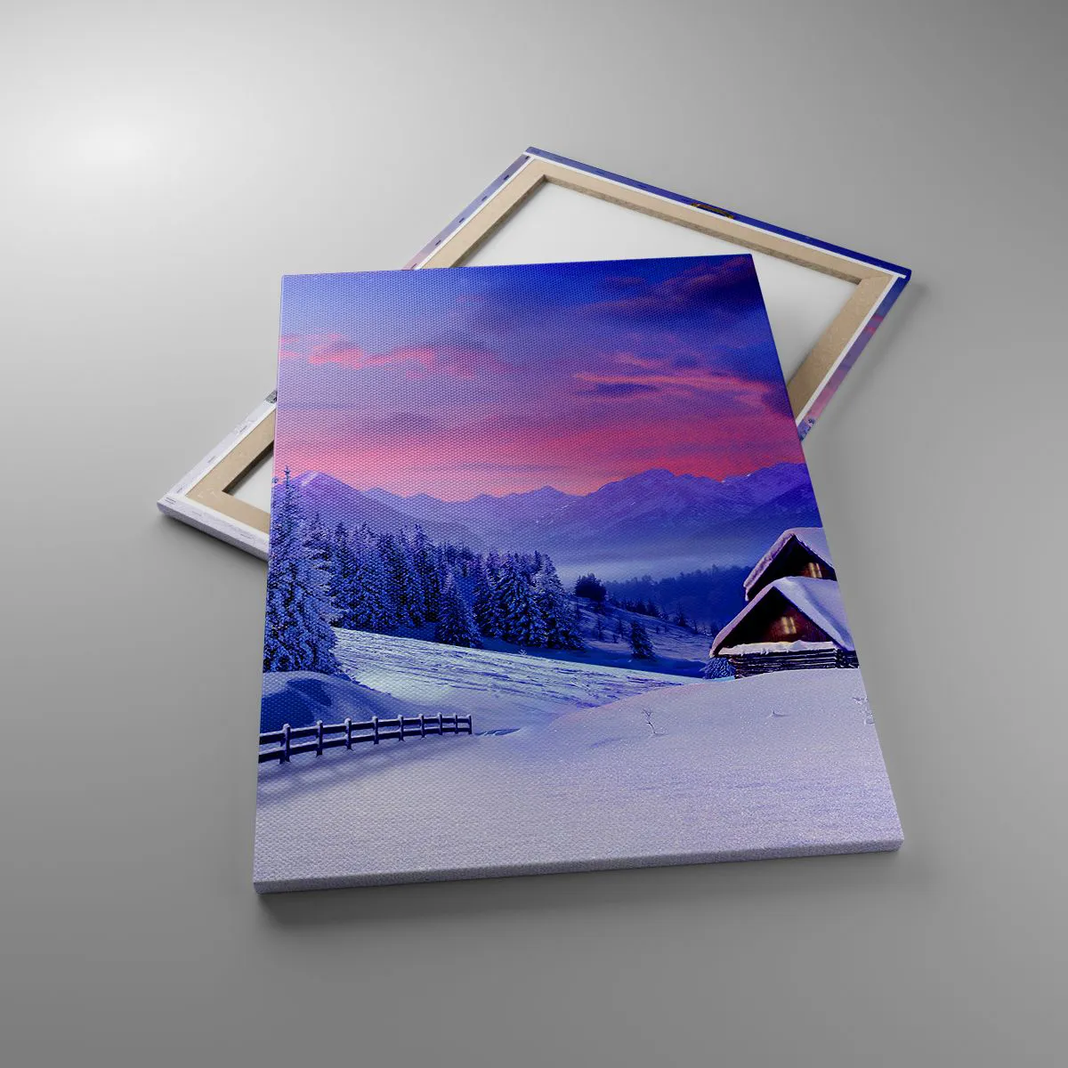 Impression sur toile - Image sur toile - Paysage d'hiver avec chalets de montagne au coucher du soleil - 70x100cm - Douce nuit - Décoration murale moderne pour le salon et la chambre ARTTOR