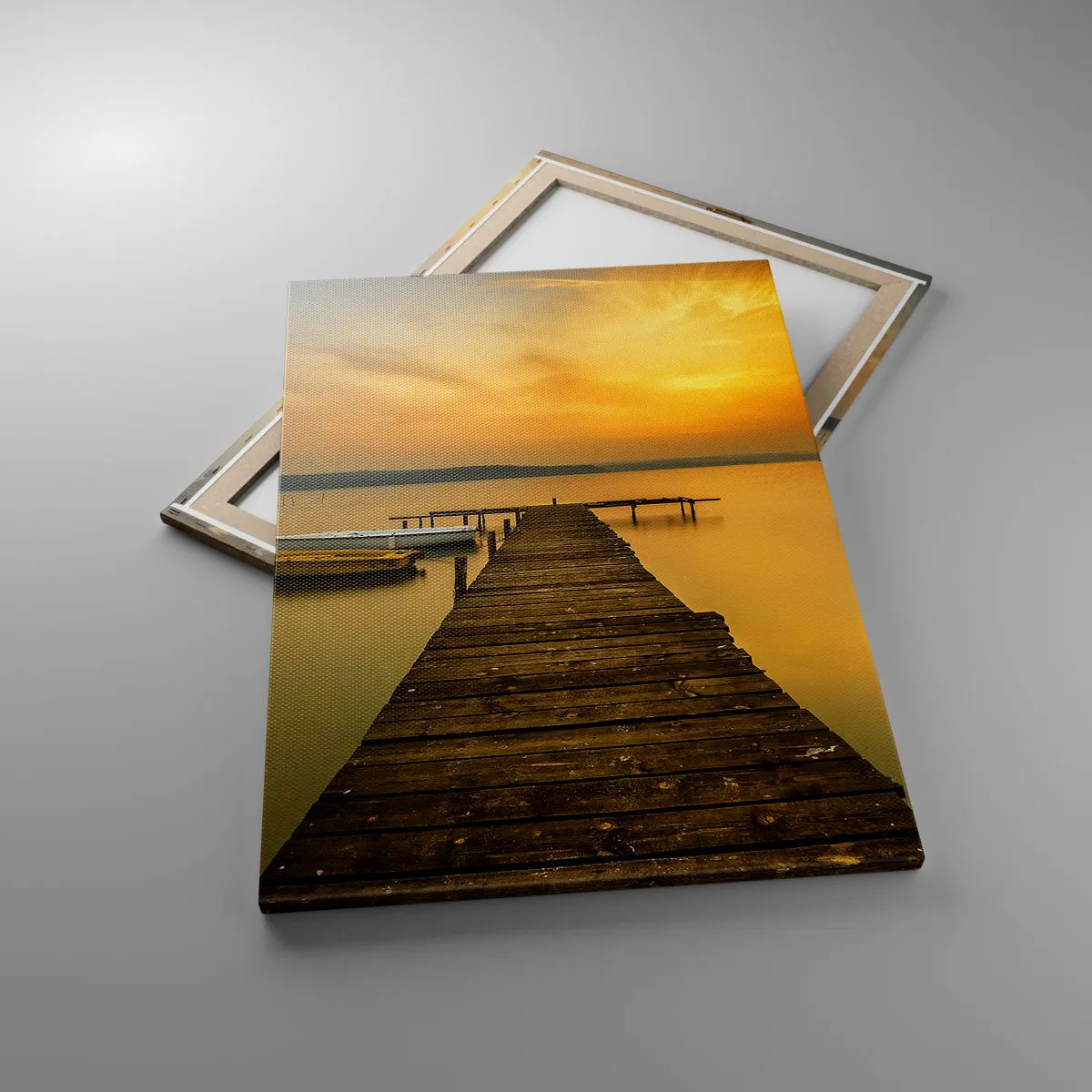 Impression sur toile - Image sur toile - Jetée en bois et bateaux sur le lac au coucher du soleil - 70x100cm - Je t'ouvrirai le ciel d'or - Décoration murale moderne pour le salon et la chambre ARTTOR