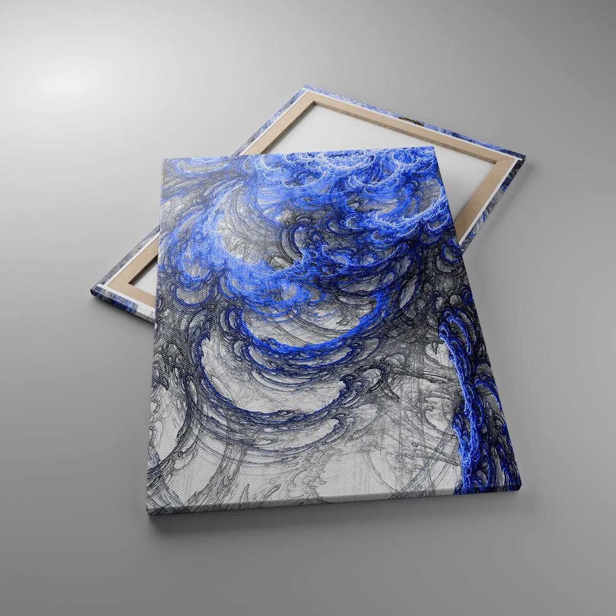 Obraz na płótnie - Abstrakcyjne fale w odcieniach niebieskiego i szarego - 70x100cm - Narodziny fali - Nowoczesna dekoracja ścienna do salonu i sypialni ARTTOR