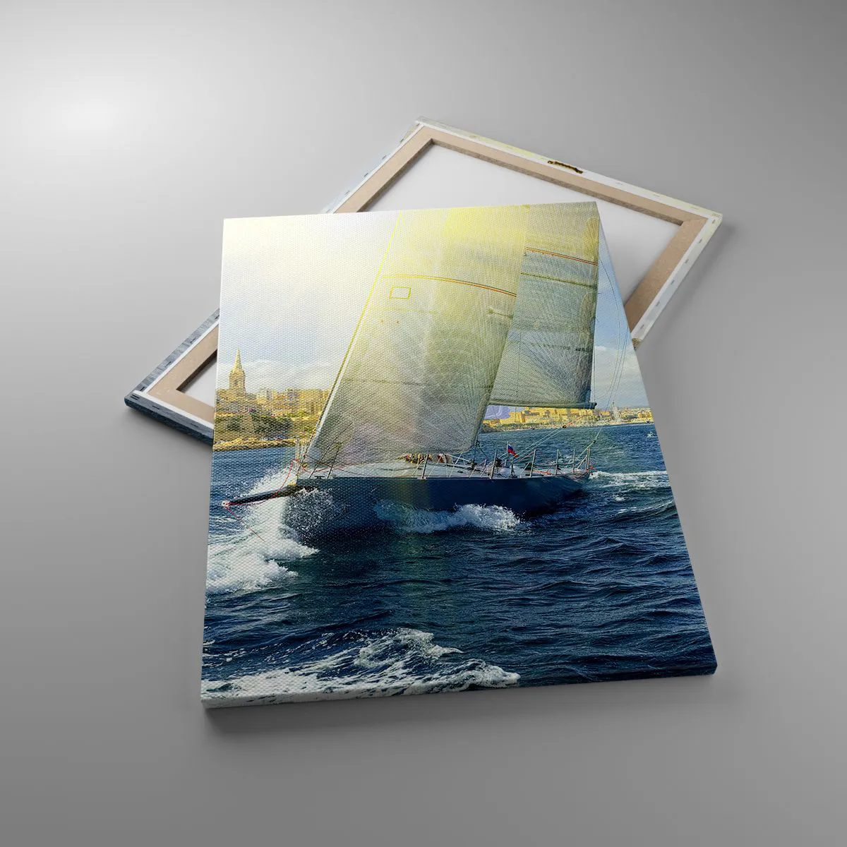 Cuadro sobre lienzo - Impresión de Imagen - Regata con el telón de fondo de una costa soleada - 70x100cm - Hora de abandonar la ciudad - Decoración de pared moderna para salón y dormitorio ARTTOR