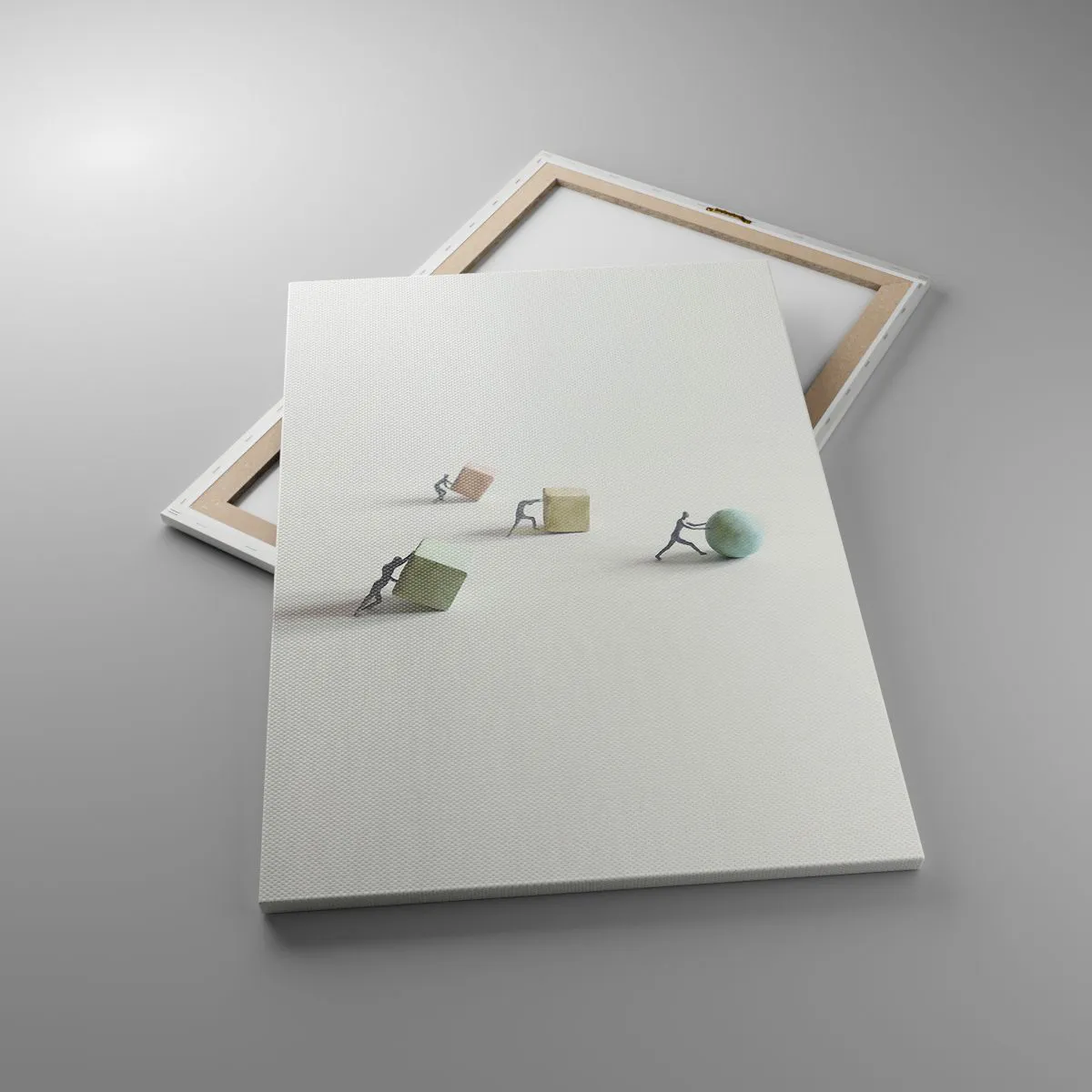 Bild auf Leinwand - Leinwandbild - Miniaturfiguren, die Formen vor einem hellen Hintergrund schieben - 70x100cm - Pures Leben - Moderne Wanddekoration für Wohnzimmer und Schlafzimmer ARTTOR