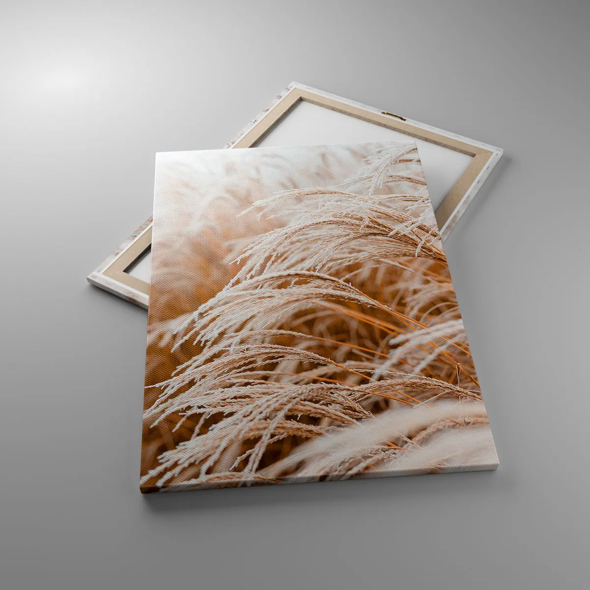 Obraz na płótnie - Suszone trawy pokryte delikatnym szronem w jesiennym świetle - 70x100cm - Pokłon jesiennemu słońcu - Nowoczesna dekoracja ścienna do salonu i sypialni ARTTOR