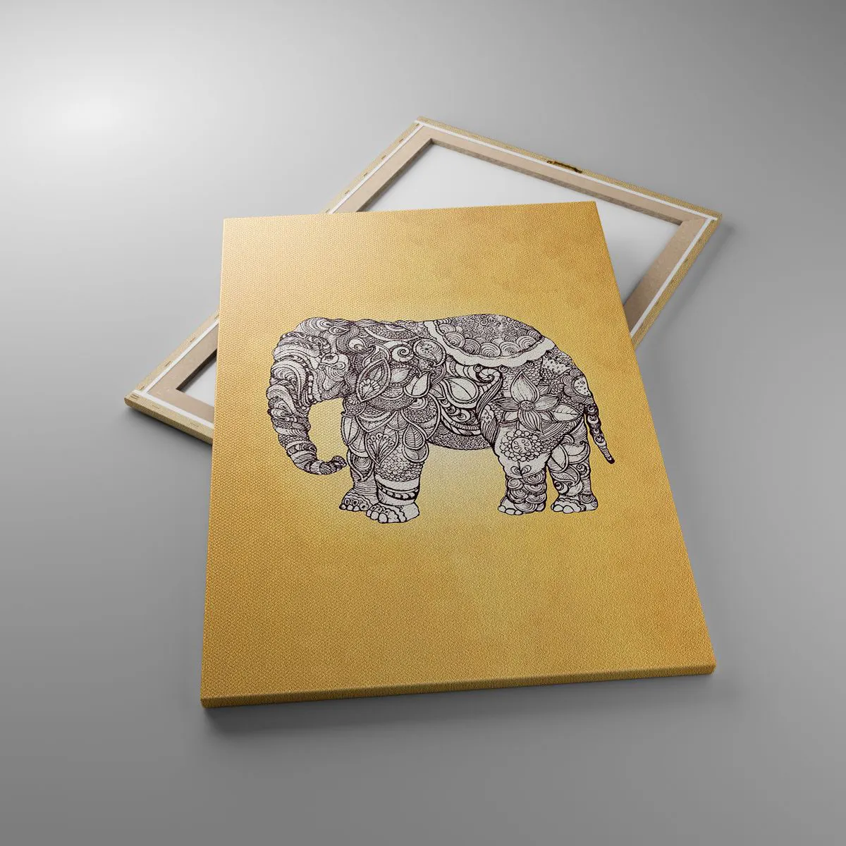 Impression sur toile - Image sur toile - Éléphant dessiné à la main avec un motif orné sur un fond beige - 70x100cm - L'éléphant s'est apprêté - Décoration murale moderne pour le salon et la chambre ARTTOR