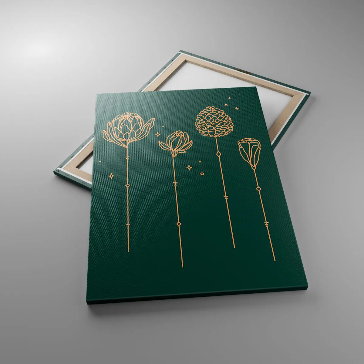 Obraz na płótnie - Złote rysunki ziół na tle ciemnozielonym - 70x100cm - Rodzina ZIÓŁkowskich - Nowoczesna dekoracja ścienna do salonu i sypialni ARTTOR