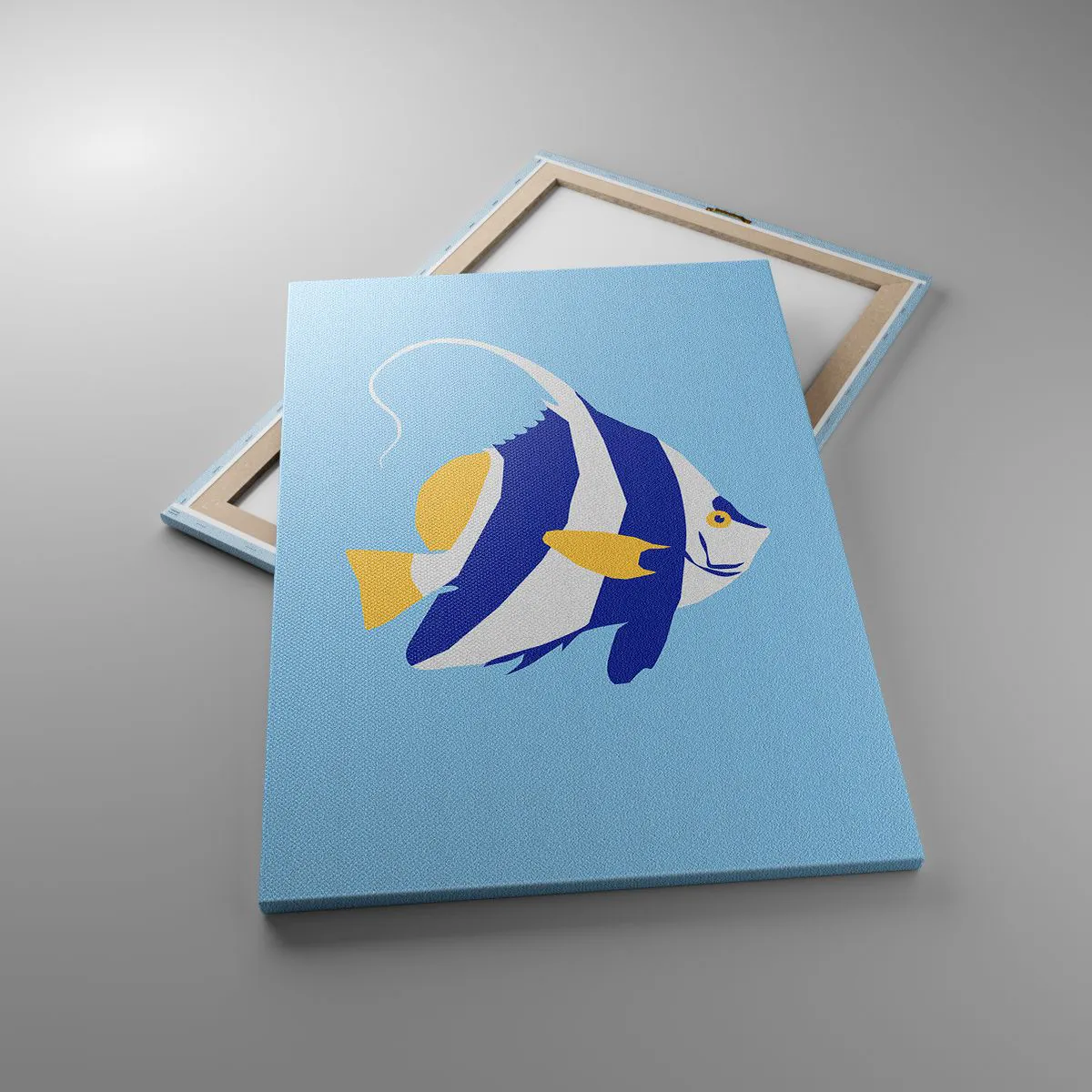 Obraz na płótnie - Minimalistyczna ilustracja ryby tropikalnej na błękitnym tle - 70x100cm - Miss tropikalnych wód - Nowoczesna dekoracja ścienna do salonu i sypialni ARTTOR