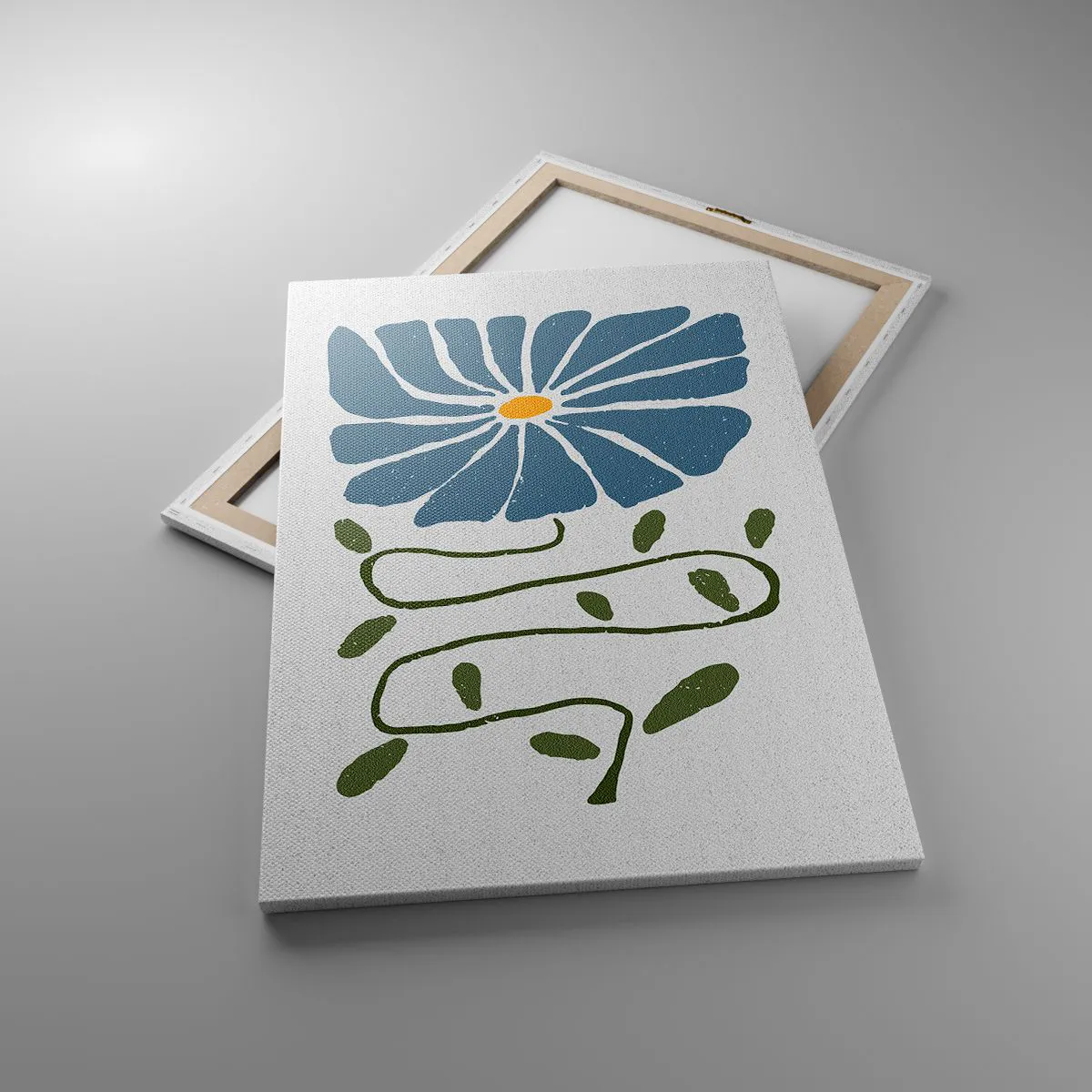 Obraz na płótnie - Niebieski kwiat z wijącą się zieloną łodygą na jasnym tle - 70x100cm - Gałązką do kwiatu - Nowoczesna dekoracja ścienna do salonu i sypialni ARTTOR