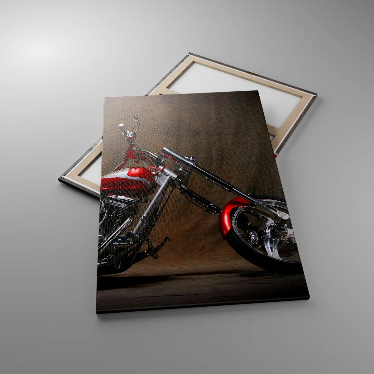 Cuadro sobre lienzo - Impresión de Imagen - Motocicleta roja personalizada sobre un fondo de tela marrón. - 80x120cm - Belleza rojo-plateada - Decoración de pared moderna para salón y dormitorio ARTTOR
